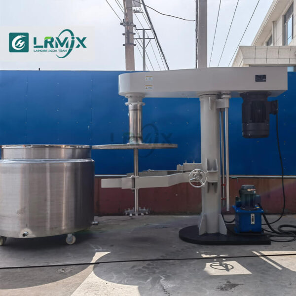 11kW high-speed disperser side real photo, chemical mixer side view highlighting hydraulic lift system and control panel