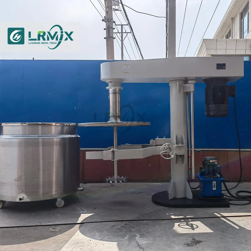11kW high-speed disperser side real photo, chemical mixer side view highlighting hydraulic lift system and control panel