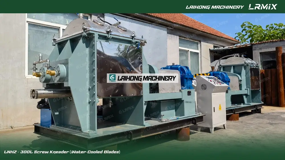 LNHZ-300L screw kneader with water-cooled sigma blades by Laihong Machinery. Industrial heavy-duty double sigma mixer with screw discharge system.