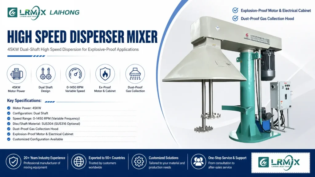 LRMIX 45kW Dual-Shaft High-Speed Disperser Mixer with Explosion-Proof Motor and Dust-Proof Hood