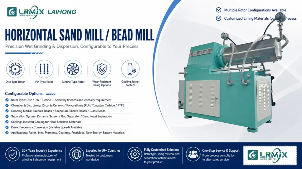 LRMIX Horizontal Sand Mill / Bead Mill with Disc, Pin and Turbine Rotor Options
